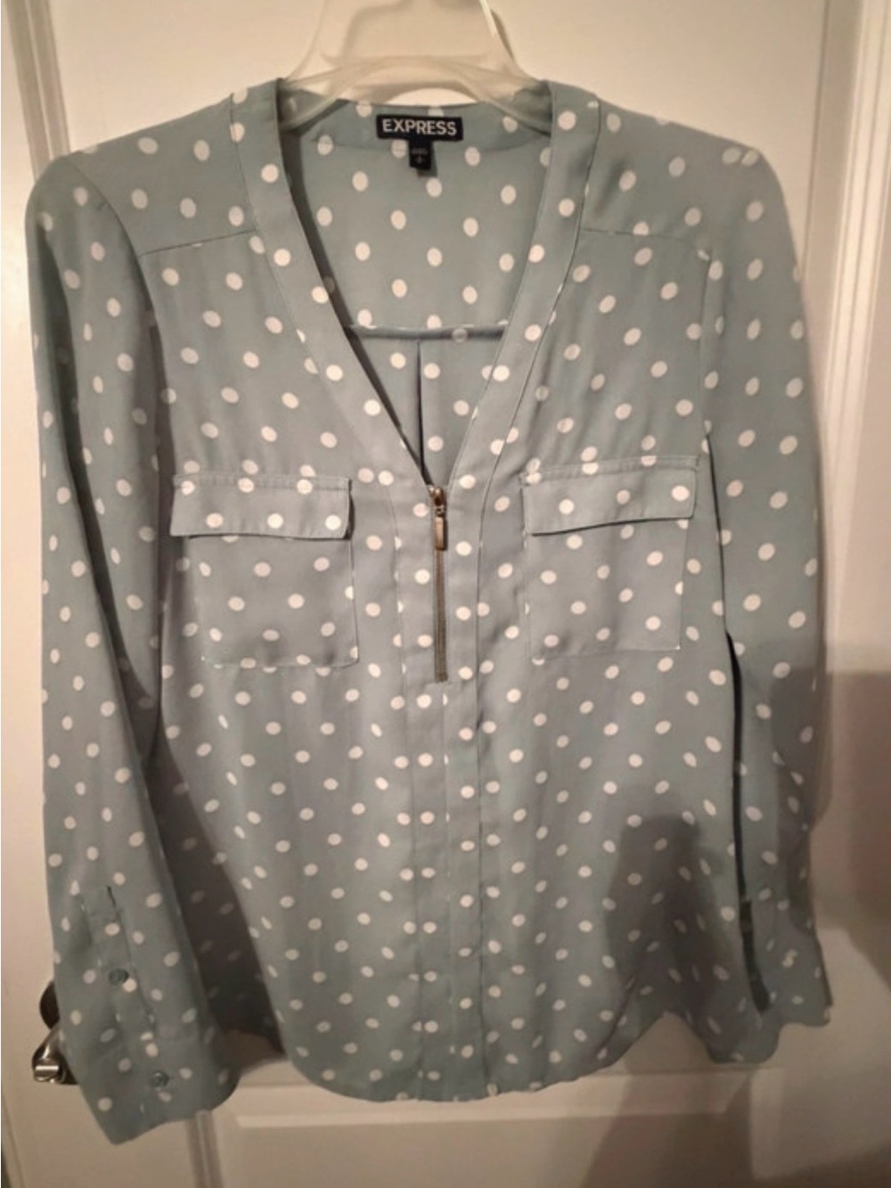 Express Light Blue Polka Dot Zip-Front Blouse